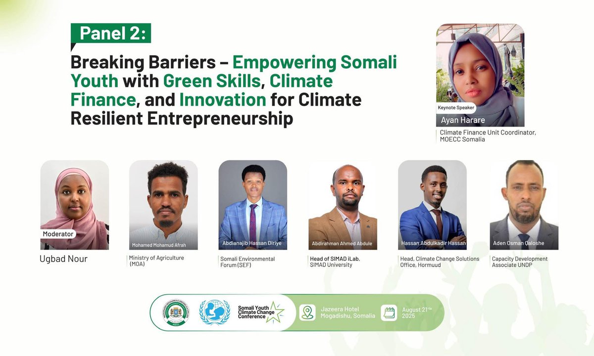 ugbadnour's tweet photo. Participated in the Somali Youth Climate Change Conference today, where I had the honor of moderating an important panel on empowering youth with green skills, climate finance, and innovation for climate-resilient entrepreneurship. #SomaliYouth4Climate https://t.co/zNkzMgVfyC