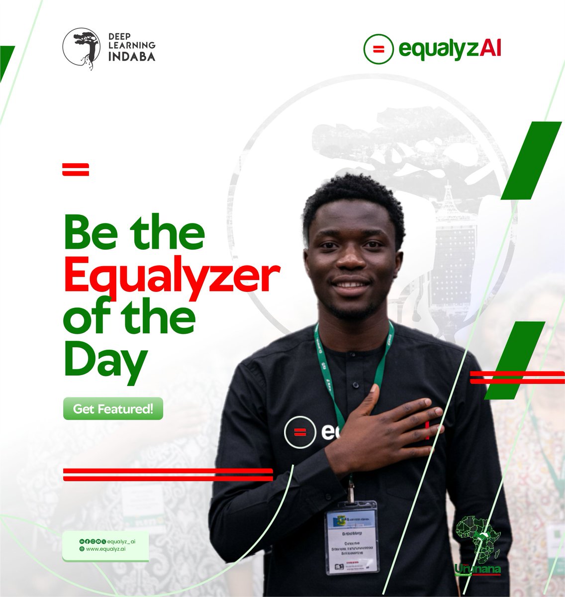equalyz_ai's tweet photo. Be the Equalyzer of the Day at #DLI2025!

We’re celebrating the spirit of innovation, collaboration, and language advocacy. Stop by our stand, engage with us, and you could walk away with exciting prizes or a special shoutout from EqualyzAI. 🎁

At EqualyzAI, we believe every voice matters and today, you get the chance to make yours heard as the Equalyzer of the Day.

Don’t miss it. Let’s build the future of AI for Africa, together.

Stop by the EqualyzAI Experience Corner, stand 12, very close to the Entrance of the Exhibition Hall

#EqualyzAI #DLI2025 #EqualyzerOfTheDay #AIForAfrica #AfricanInnovation