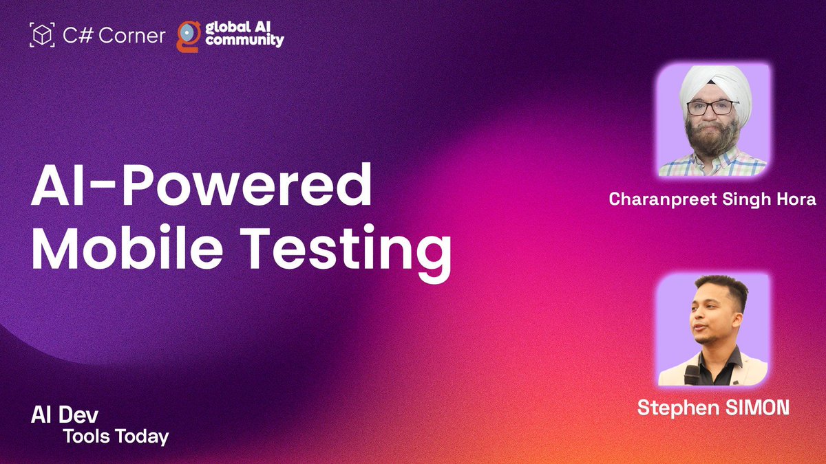 Global AI Community (@globaicommunity) on Twitter photo Mobile testing is undergoing a revolution.
In this episode of AI Dev Tools Today, <a href="/codewithsimon/">Stephen SIMON</a> and Charanpreet explore how AI-powered automation is helping 500+ global enterprises.
Watch the session: youtu.be/WBlz1O3UW48 Mobile testing is undergoing a revolution.
In this episode of AI Dev Tools Today, <a href="/codewithsimon/">Stephen SIMON</a> and Charanpreet explore how AI-powered automation is helping 500+ global enterprises.
Watch the session: youtu.be/WBlz1O3UW48