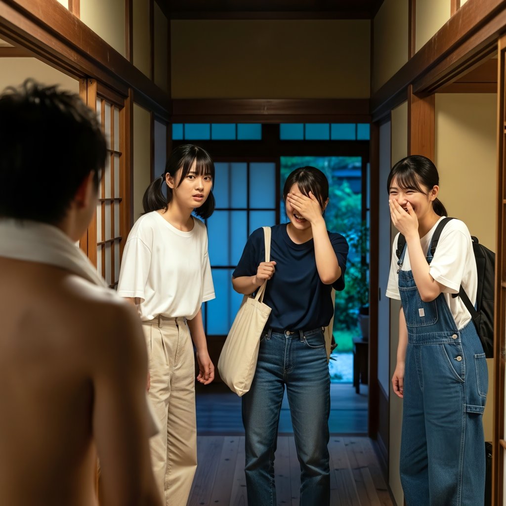 omokaiikeisei47's tweet photo. 妹の友達がお泊りに来るなんて全く聞かされていなかった兄。いつも通り、お風呂上り全裸で自分の部屋まで戻ろうとしていた。
「えっ！」
運悪く3人と鉢合わせしてしまい、後で「マジありえない！」と妹からお叱りを受けることに。
#AIイラスト #CFNM https://t.co/axJJkNxrfF