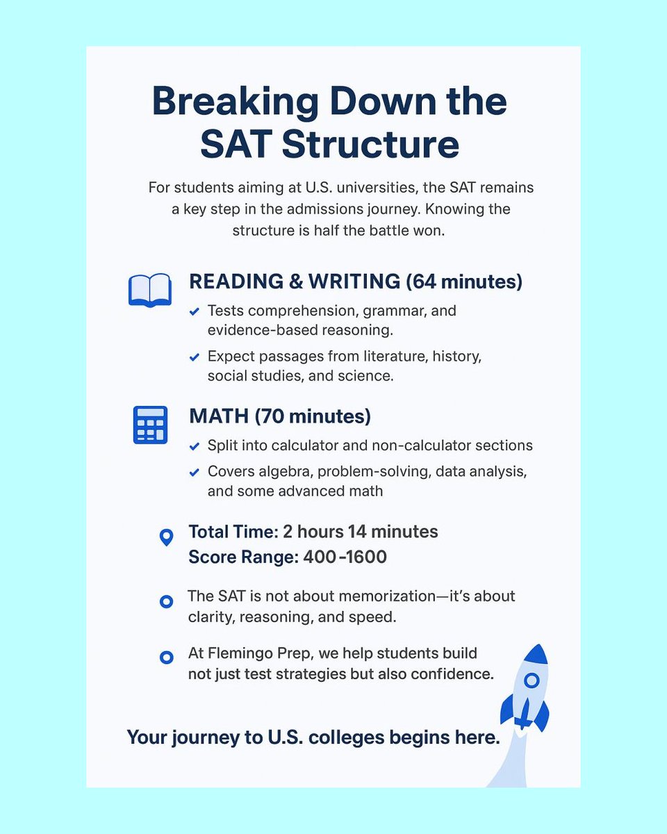 flemingoprep's tweet photo. 📘 Breaking Down the SAT Structure.

#SAT #flemingoprep #education #CriticalThinking https://t.co/qvqb2jsV6p