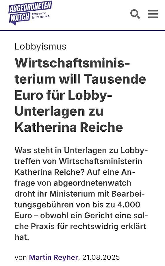 Für Lobby-Unterlagen zu Reiche verlangt das Wirtschaftsministerium bis zu 4.000 € – bei identischer Anfrage zu Habecks Amtszeit fiel nur eine Gebühr von 500 € an. Willkürliche Hürden für Transparenz?