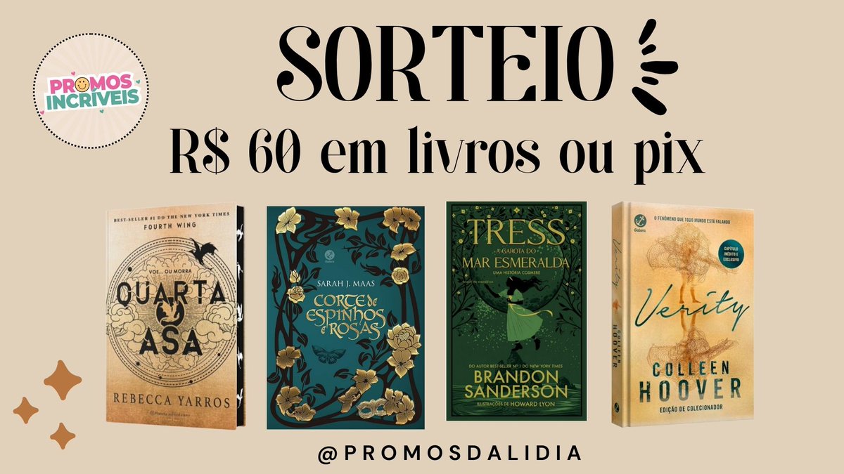 SORTEIO 💘

🏆 Prêmio: 
🏅 R$ 60 em livros da sua escolha ou pics

🗣️ REGRAS:
💫  Me seguir 
💫 Entrar em um dos nossos grupos (whatsapp ou Telegram) 
linktr.ee/promosdalidia
Colocar print nos comentários!
💫 Dar RT nesse tweet (sem citar)

📆 Resultado: 05/setembro