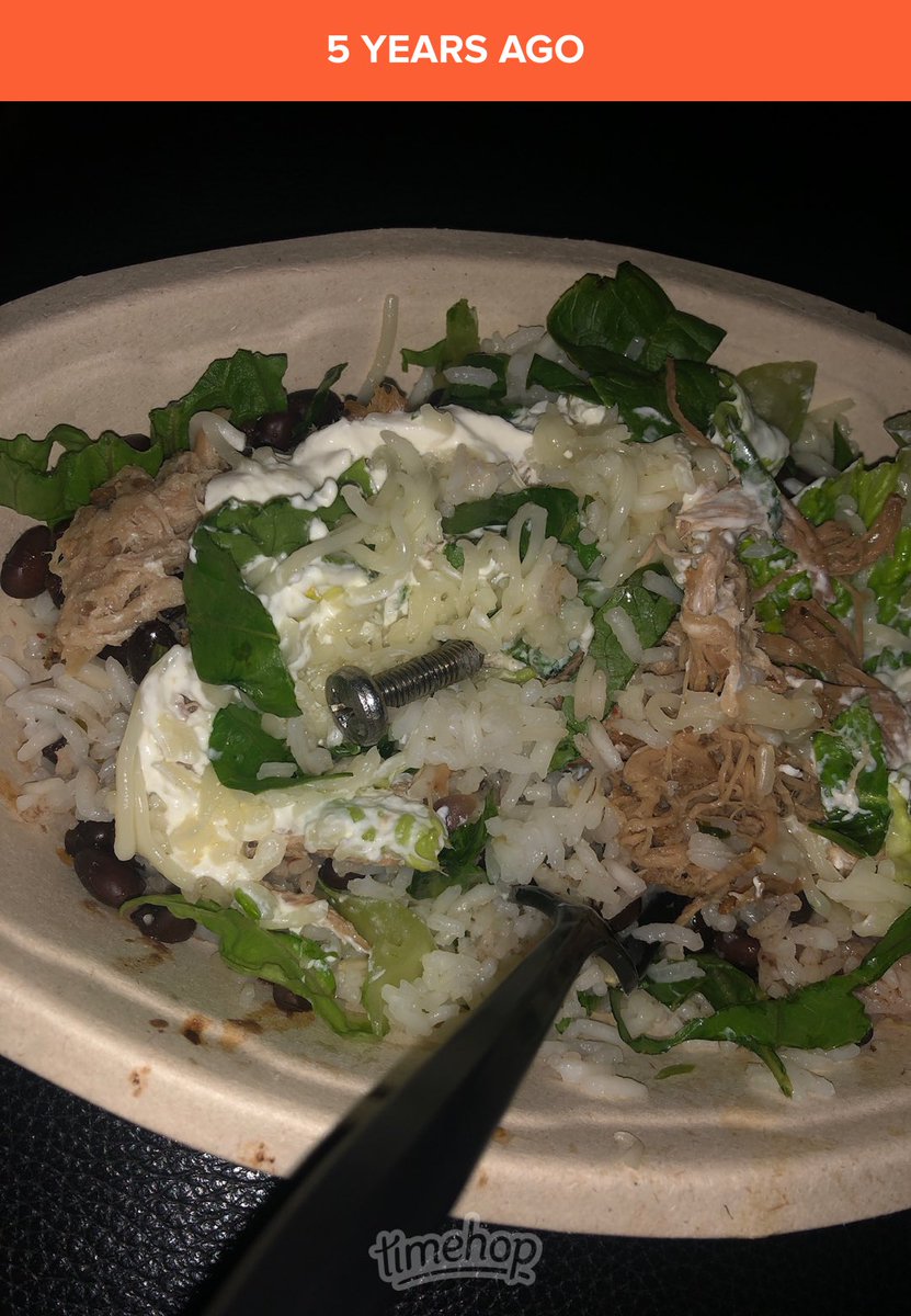 5 years ago ⁦<a href="/ChipotleTweets/">Chipotle</a>⁩ almost took me out and all I got was an I’m sorry call (I’m sorry you didn’t swallow the damn screw so here’s something 😂) &amp; free chips and salsa 🙂‍↔️
