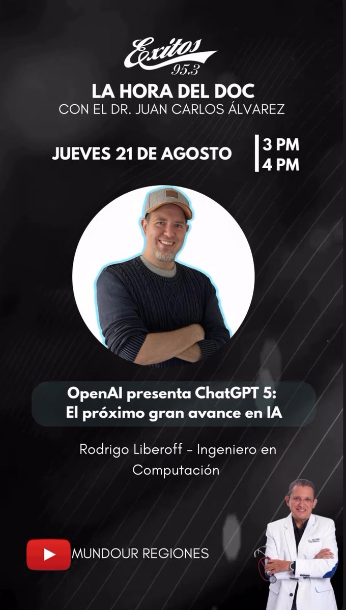 Hoy estaré en «La Hora de Doc» con <a href="/docjcalvarez/">Juan Carlos Alvarez</a> por la señal de <a href="/CircuitoExitos/">Circuito Éxitos</a> cerca de las 3:40 p.m. hora de Venezuela, o las 21:40 hora de España 😎

Conversaremos sobre el nuevo GPT-5 de <a href="/OpenAI/">OpenAI</a> y lo que representa en el constante avance de la IA generativa 🤖