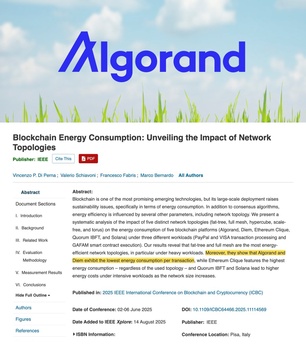 algerstmehn's tweet image. 🚨 JUST IN: A new study by Swiss &amp;amp; Italian university researchers shows $ALGO is one of the most energy-efficient blockchains! 🌿

Algorand uses less energy per transaction than Ethereum or Solana, even under heavy workloads (PayPal/VISA-scale payments + GAFAM smart contracts).