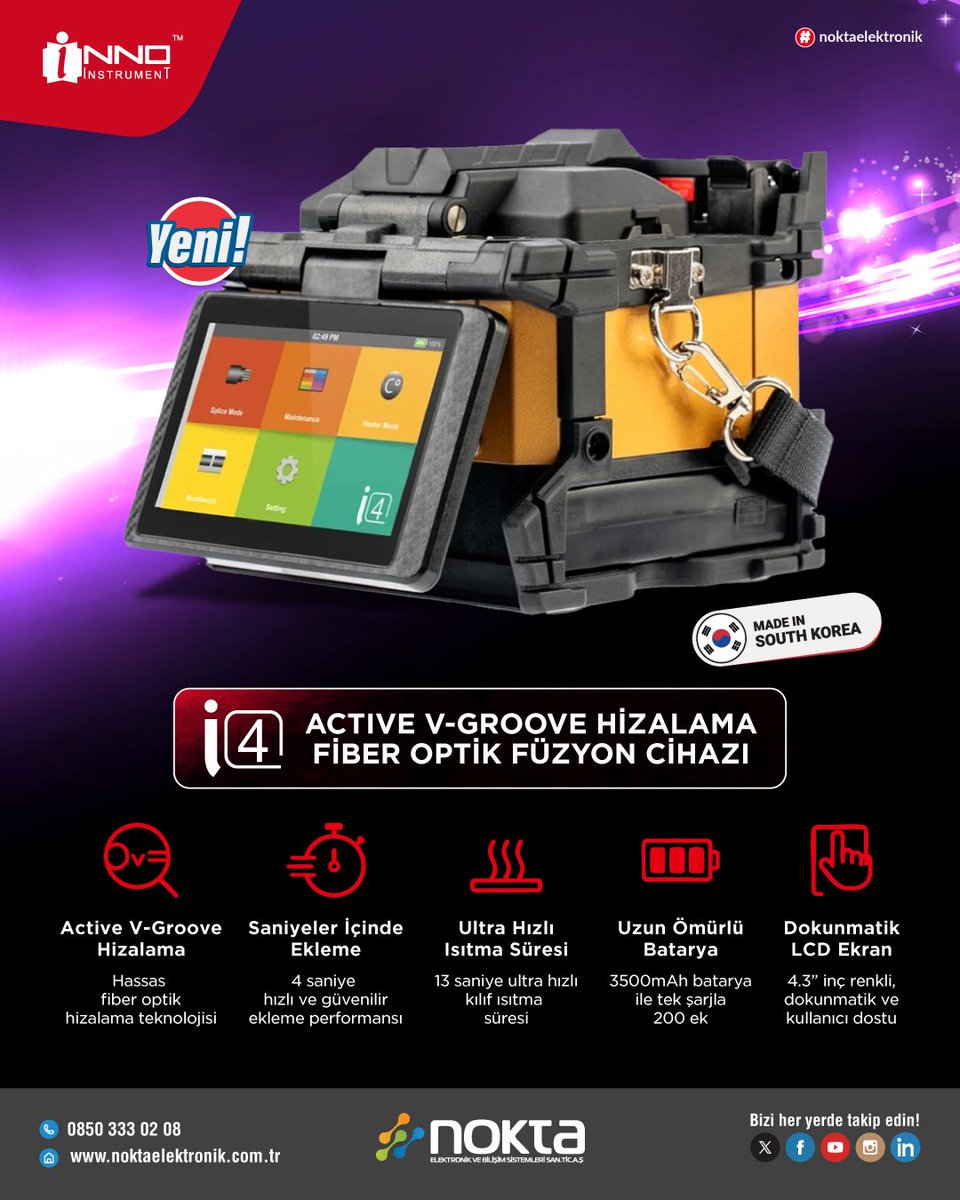 🌐 Inno Instrument i4 Fiber Optik Füzyon Cihazı ile tanışın!

✅ 4.3” Dokunmatik Renkli LCD Ekran
✅ 200 eklemeye kadar batarya ömrü
✅ 4 sn hızlı ekleme, 13 sn ultra hızlı ısıtma süresi

⚡ Sahada hız, güvenilirlik ve kolay kullanım bir arada!

🔗 bit.ly/4fWIgkH