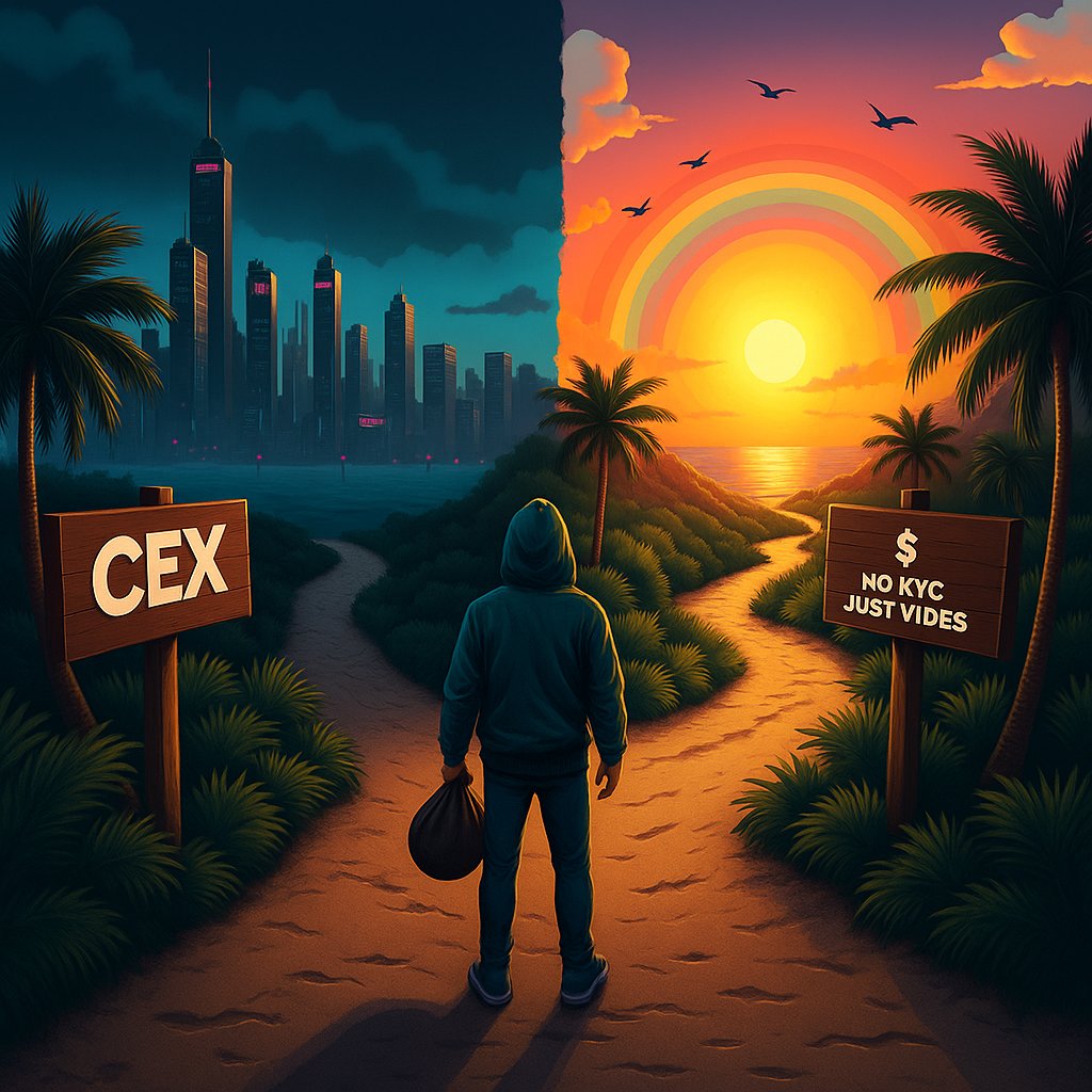 CEX와 No KYC Just Vibes 경로 사이의 갈림길에 서 있는 후드 인물 일러스트, 도시 풍경과 석양 배경