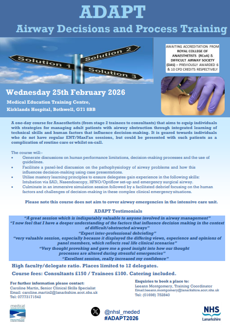 NHSL MedEd (@nhsl_meded) on Twitter photo Our next ADAPT course is running on Wed 25th Feb 2026. Get in touch now to book your place - email leeann.montgomery@lanarkshire.scot.nhs.uk #ADAPT2026 #airwaymanagement #clinicaldecisionmaking
<a href="/niki_d100/">Nicola Doody</a>
<a href="/sleepydoc79/">Adam Livingston</a>
<a href="/paton_catie/">Catie paton</a>
<a href="/cazm169/">Caroline Martin</a> Our next ADAPT course is running on Wed 25th Feb 2026. Get in touch now to book your place - email leeann.montgomery@lanarkshire.scot.nhs.uk #ADAPT2026 #airwaymanagement #clinicaldecisionmaking
<a href="/niki_d100/">Nicola Doody</a>
<a href="/sleepydoc79/">Adam Livingston</a>
<a href="/paton_catie/">Catie paton</a>
<a href="/cazm169/">Caroline Martin</a>