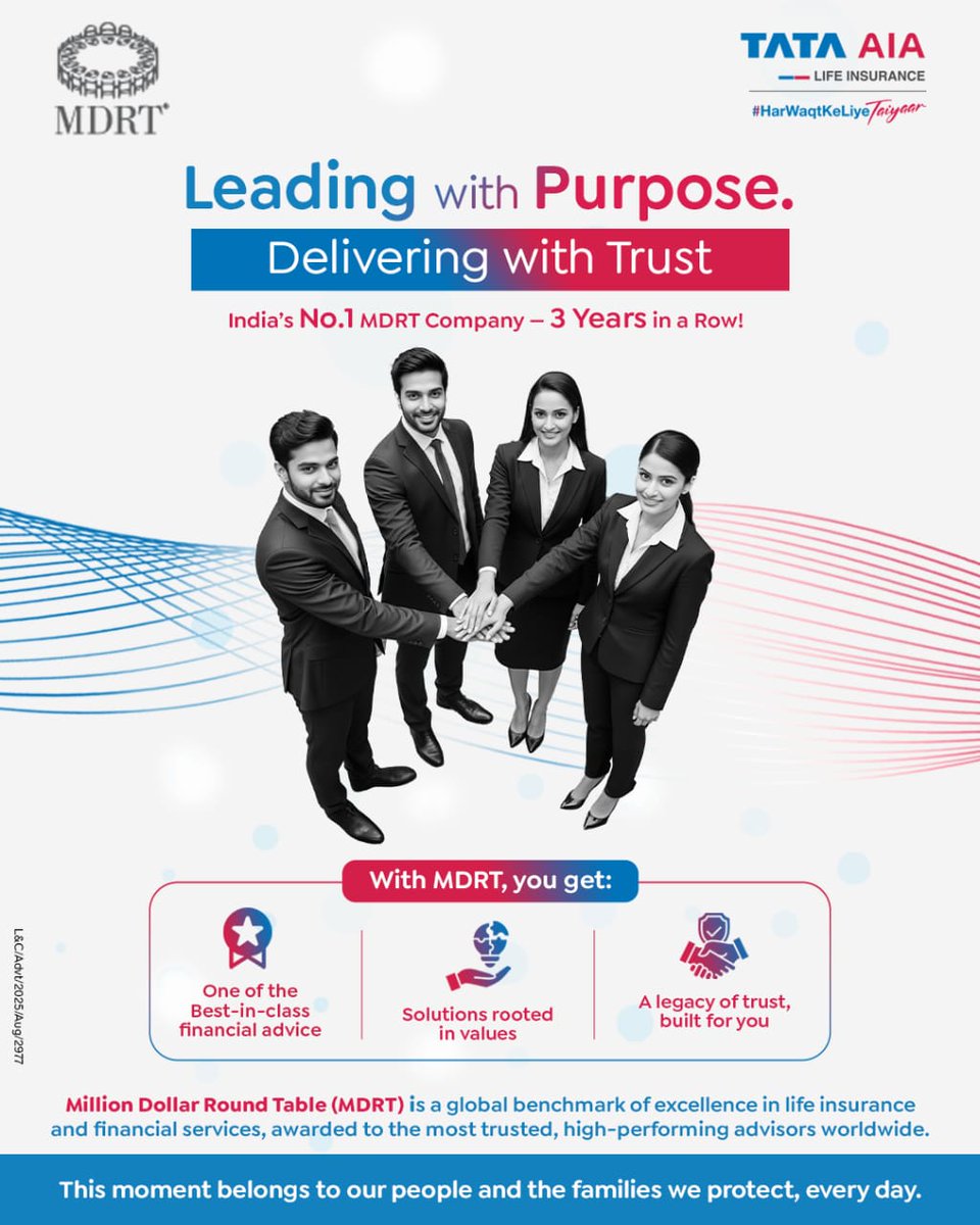 We lead with purpose, so you can plan with confidence.

As India’s No.1 MDRT company for 3 years in a row, Tata AIA continues to raise the bar so every family we serve receives trusted advice, long-term protection, and solutions that truly understand their needs.

Because when we
