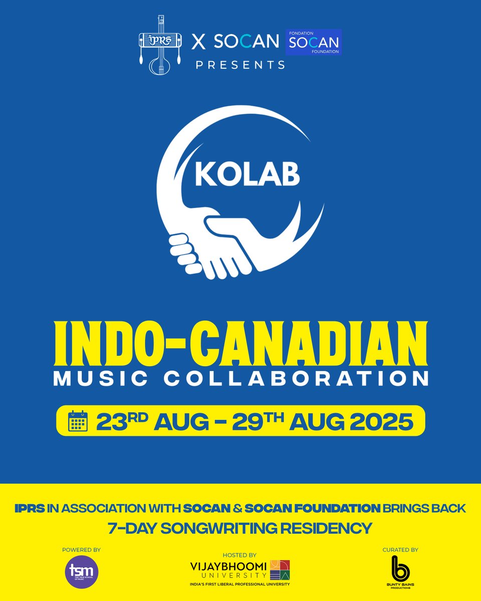 IPRSmusic's tweet photo. The wait is over! #KOLAB is back ✨
IPRS x @SOCANmusic are bringing you the Indo-Canadian Music Collaboration — a 7-day songwriting residency where creativity knows no borders.
📅 23rd – 29th August 2025
📍 Hosted at Vijaybhoomi University
#KOLAB2025 #IPRS #SOCAN https://t.co/sC32wDDnnb