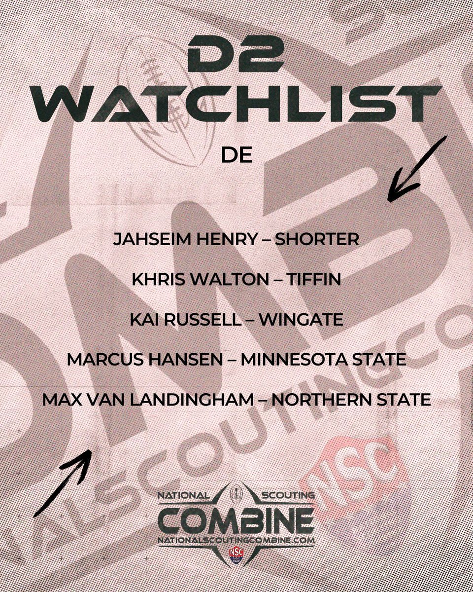 National Scouting Combine (@nscombine) on Twitter photo D2 Watchlist Week 11🔥
It is our final week of this series, and we want to see YOU at NSC 2026!
<a href="/HenryJahseim/">Jahseim Henry</a>
<a href="/khris_walton/">Khris Walton</a>
<a href="/marcushans3n6/">Marcus Hansen</a>
<a href="/VanMaxmjvl/">Max Van Landingham</a>
Register now!
nationalscoutingcombine.com
#ProductOfNSC #NSC2026 #ProFootball #Showcase #DraftEligible #Testing #Drills D2 Watchlist Week 11🔥
It is our final week of this series, and we want to see YOU at NSC 2026!
<a href="/HenryJahseim/">Jahseim Henry</a>
<a href="/khris_walton/">Khris Walton</a>
<a href="/marcushans3n6/">Marcus Hansen</a>
<a href="/VanMaxmjvl/">Max Van Landingham</a>
Register now!
nationalscoutingcombine.com
#ProductOfNSC #NSC2026 #ProFootball #Showcase #DraftEligible #Testing #Drills