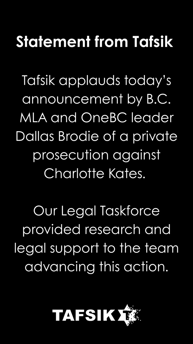 Tafsik applauds today’s announcement by B.C. MLA and <a href="/One_BCHQ/">OneBC</a> leader <a href="/Dallas_Brodie/">Dallas Brodie</a>  of a private prosecution against Charlotte Kates.

Our Legal Taskforce provided research and legal support to the team advancing this action.