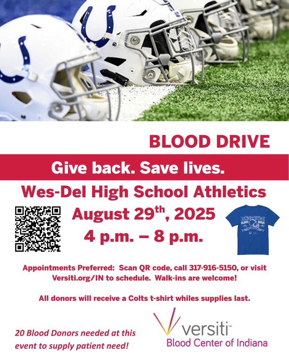 🩸 Give blood. 🏈 Cheer loud.
Join us Friday, August 29th from 4–8 PM in the Wes-Del MS/HS Fieldhouse before our football team's home opener vs. Tri-Central!

🎁 Donors get a Colts t-shirt
Let’s show up for our team and our community.

#WarriorPride #GiveBloodSaveLives
