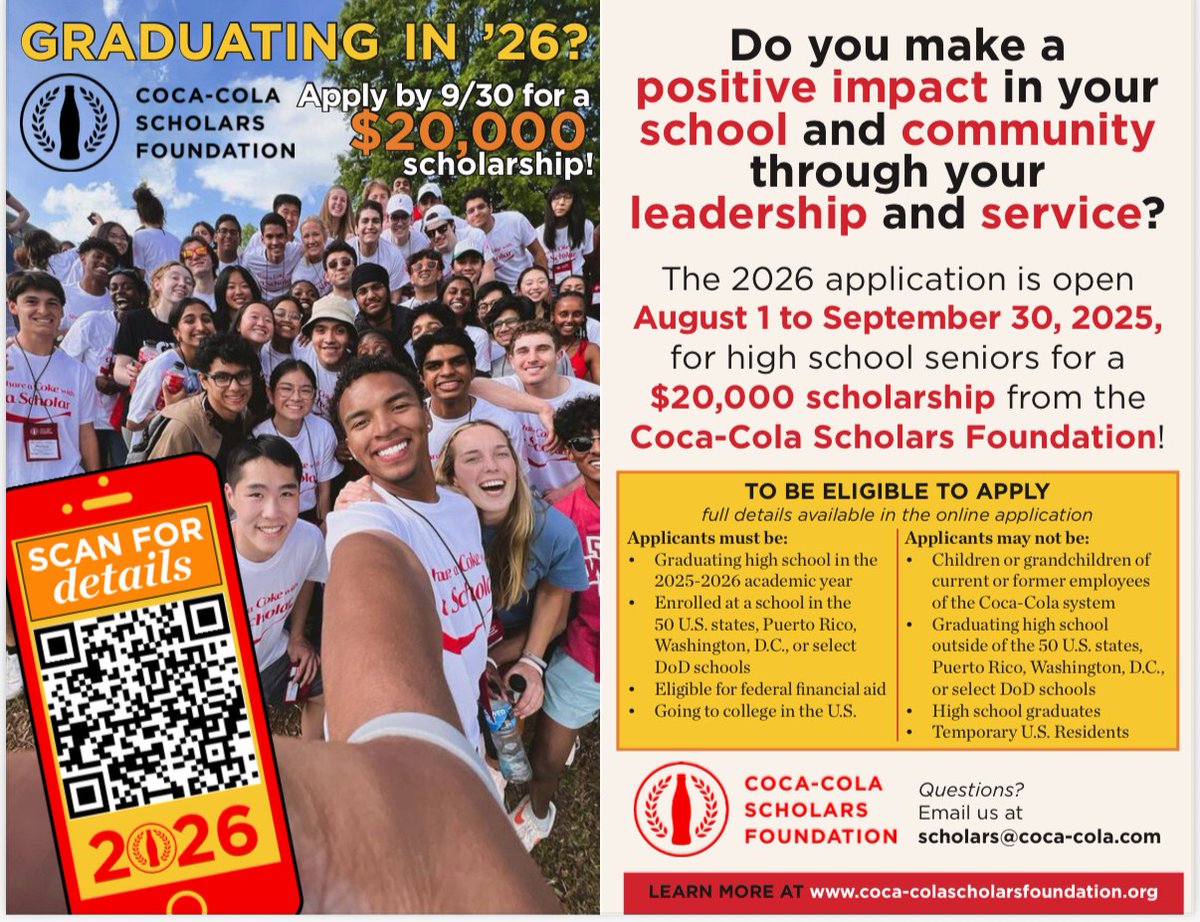 The Coca-Cola Scholars Foundation is offering $20,000 college scholarships to seniors with a 3.0+ GPA. Deadline to apply is September 30. Learn more and apply: coca-colascholarsfoundation.org
