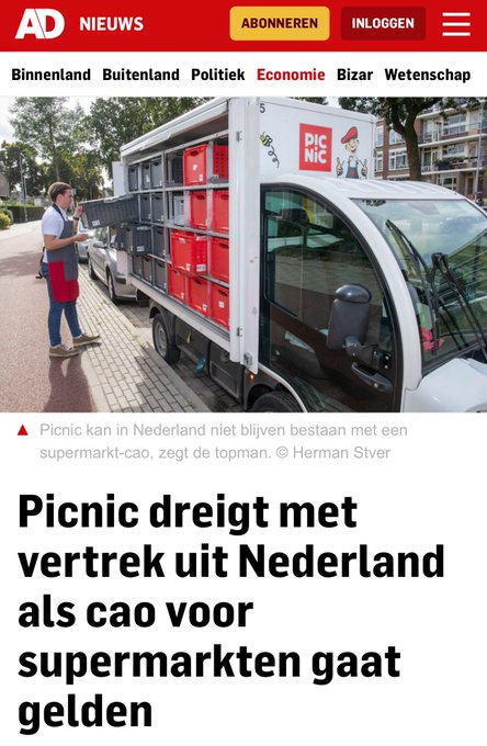 Picnic dreigt te stoppen, als ze mensen niet langer mogen uitbuiten. #picnic #cao

Je zou bijna gaan vermoeden dat hun verdienmodel niet vatbaar is zonder uitbuiting.. 🤔
