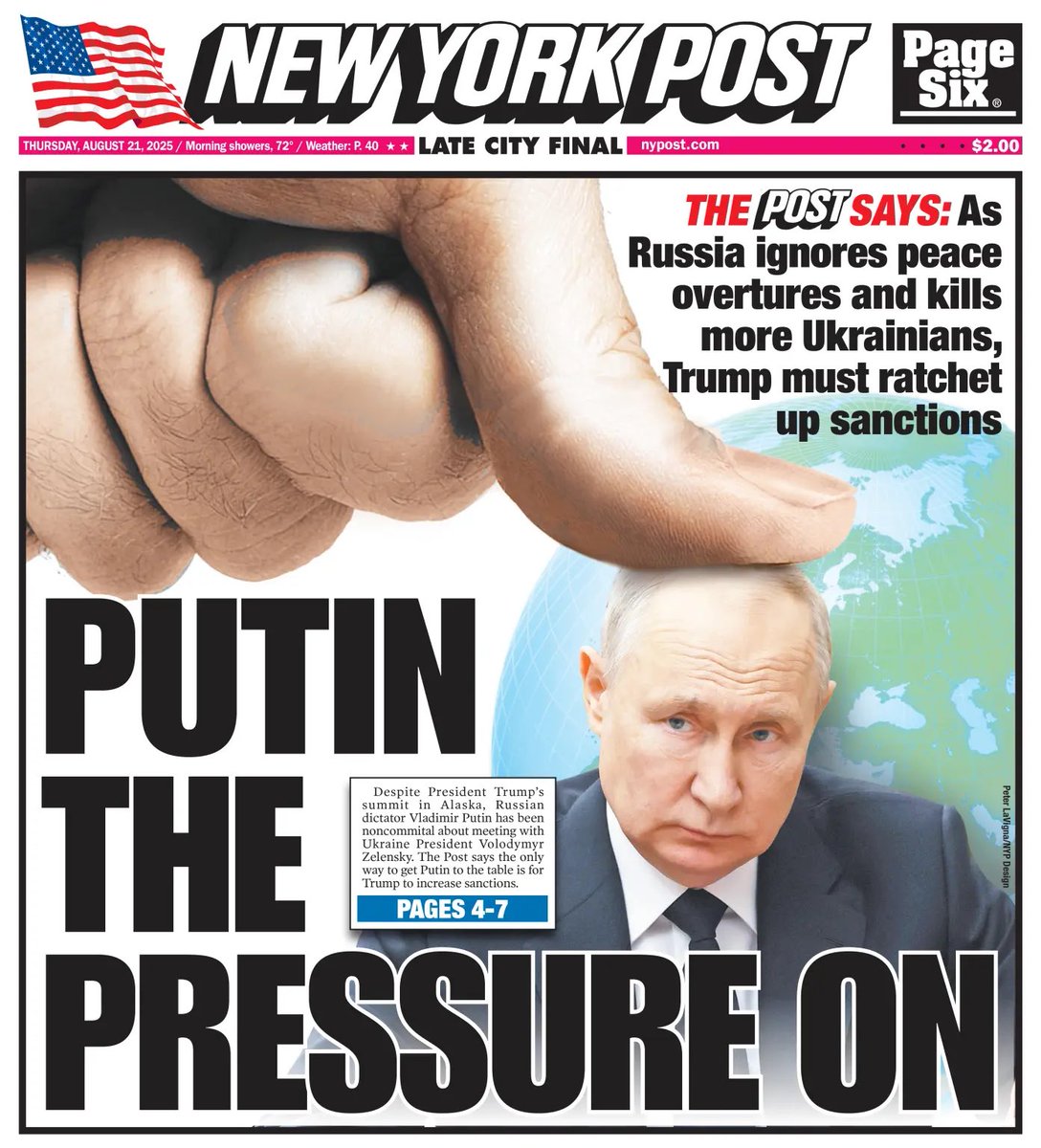 Mike Pence (@mike_pence) on Twitter photo Putin is Not Going To Stop Until He is Stopped. As President Trump and our Allies pursue Peace, the US Senate should immediately send harsh Secondary Sanctions on Russia to <a href="/POTUS/">President Donald J. Trump</a> Desk. Putin Only Understands Strength.🇺🇸🇺🇦 nypost.com/2025/08/20/opi… Putin is Not Going To Stop Until He is Stopped. As President Trump and our Allies pursue Peace, the US Senate should immediately send harsh Secondary Sanctions on Russia to <a href="/POTUS/">President Donald J. Trump</a> Desk. Putin Only Understands Strength.🇺🇸🇺🇦 nypost.com/2025/08/20/opi…