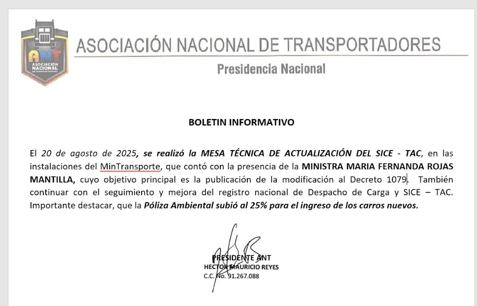 <a href="/NacionalAnt/">ANT OFICIAL</a> Informa lo relacionado con la última reunión de la MESA TÉCNICA DE ACTUALIZACIÓN DEL SICE -TAC.  ¡Manténgase Informado! <a href="/Colfecar/">Colfecar</a> <a href="/ACC_camioneros/">ACC Camioneros (oficial)</a> <a href="/Oficial_ATC/">ATC Transportadores</a> <a href="/DefencargaCo/">Defencarga | Agremiación de Logística y Transporte</a> <a href="/MinTransporteCo/">MinTransporte</a> <a href="/HectorMaur1969/">Hector Mauricio Reyes</a> <a href="/marcosdaing/">Marcos  Tovar</a> <a href="/OCASBU/">Orlando Castellanos Bueno</a> #mantengaseinformado #antnosune