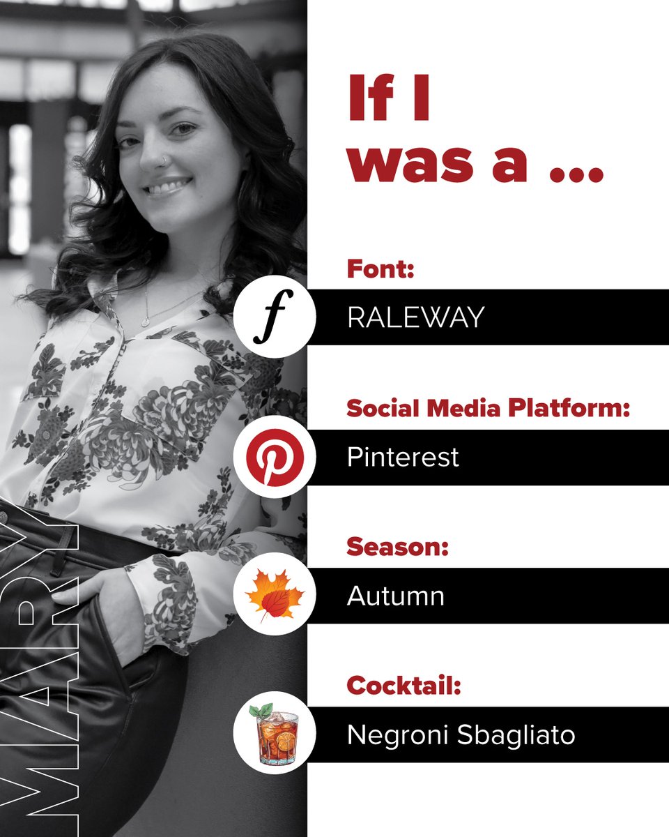 OnTheMarkComm's tweet image. We asked Mary to describe herself through a font, social platform, season and cocktail! Check out what she chose!
Raleway — sleek, structured, creative
Pinterest — turns inspiration into plans
Fall — cozy vibes with focused growth
Negroni Sbagliato — classic with a sparking twist