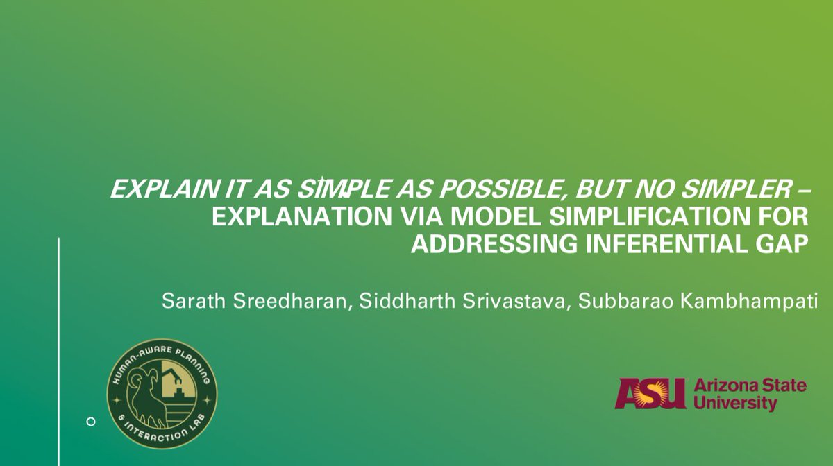 📢 If you are at #IJCAI2025, you might want to run to Room 518AB by 10AM to listen to <a href="/sarath_ssreedh/">Sarath Sreedharan</a> present our AIJ paper on explainable human-#AI interaction! (Paper link: sciencedirect.com/science/articl…) <a href="/IJCAIconf/">IJCAIconf</a>