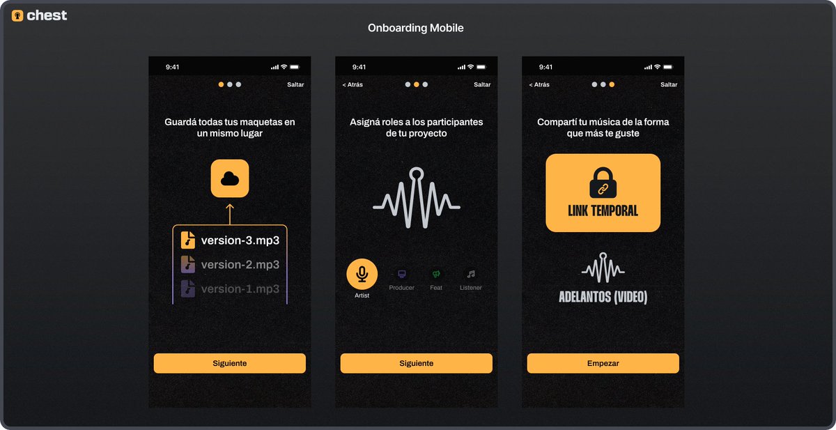 LumarLumar_'s tweet photo. Rediseñando la primera experiencia del user en @chestmusic 

👉 Onboarding Desktop & Mobile
La idea es que, apenas entrás, tengas un pantallazo claro de cómo Chest te ayuda a mejorar tu workflow en la etapa creativa de tu música:

1.⁠ ⁠Guardá todas tus maquetas en un mismo lugar.
2.⁠ ⁠Asigná roles a cada participante de tu proyecto.
3.⁠ ⁠Compartí tu música con links temporales o snippets en video para redes.

Cada slide tiene una pequeña animación para darle dinamismo 🙂