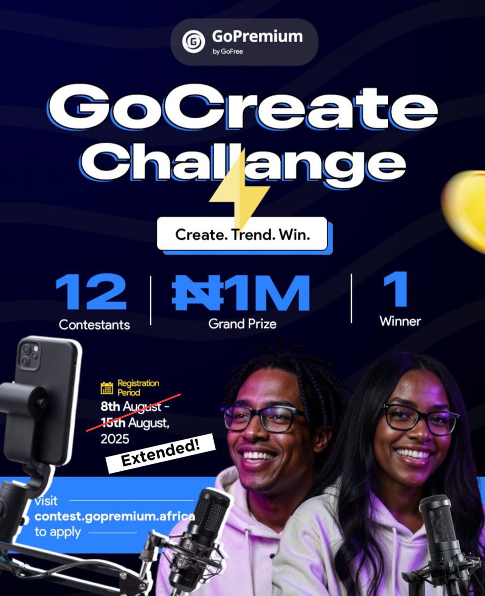 TrendingEx's tweet photo. ₦1M up for grabs!
Create a content and Win ₦1M on the #GoCreateChallenge , 12 participants needed, best content whether image or video wins ₦1M! Join quick: https://t.co/2GYJ7Crqmf || @GoPremiumAfrica https://t.co/tef5gbScVm