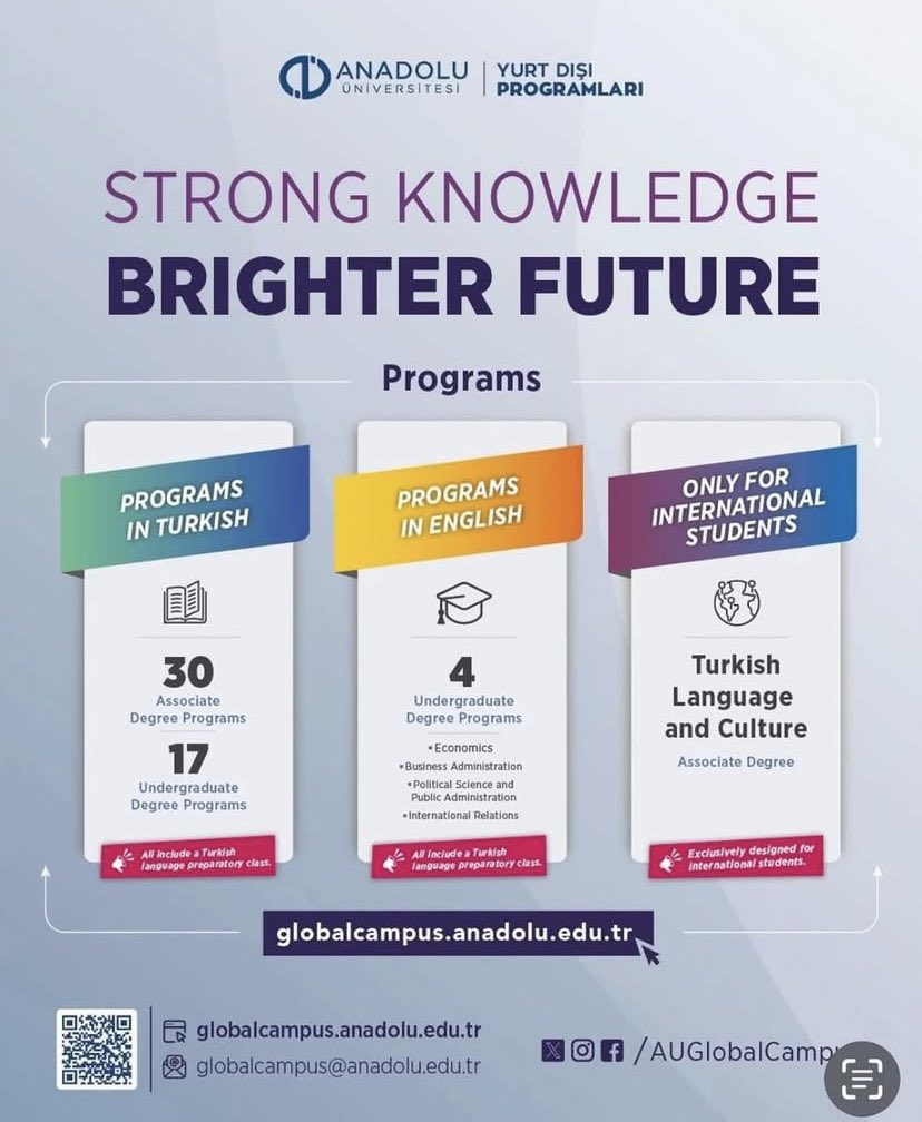 📌Anadolu Üniversitesi, 2025-2026 akademik yılı için yurtdışında yaşayan vatandaşlarımız ve yabancı öğrencilere yönelik yükseköğretim programlarına başvuru sürecini başlatmıştır.

🔗Başvuru ve ayrıntılı bilgi için: globalcampus.anadolu.edu.tr

<a href="/tcmeb/">Millî Eğitim Bakanlığı</a> <a href="/mebabdigm/">T.C. MEB AB ve Dış İlişkiler Genel Müdürlüğü</a> <a href="/mebyyegm/">Yükseköğretim ve Yurt Dışı Eğitim Genel Müdürlüğü</a>