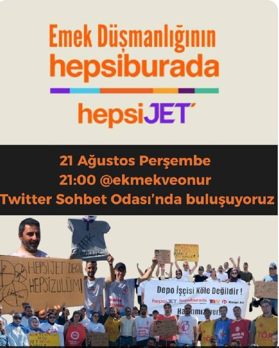 Hepsijet Direnişçileri . (@hepsijetisci) on Twitter photo Bu akşam 21:de <a href="/ekmekveonur/">Ekmek ve Onur</a> sayfası üzerinden sohbet odasında buluşacağız.
Ülkedeki tüm emekçiler ve emek dostlarımız davetlidir.
<a href="/hepsijet/">HepsiJET</a>
<a href="/hepsiburada/">Hepsiburada</a>
<a href="/NilhanOnal/">Nilhan Onal</a> Bu akşam 21:de <a href="/ekmekveonur/">Ekmek ve Onur</a> sayfası üzerinden sohbet odasında buluşacağız.
Ülkedeki tüm emekçiler ve emek dostlarımız davetlidir.
<a href="/hepsijet/">HepsiJET</a>
<a href="/hepsiburada/">Hepsiburada</a>
<a href="/NilhanOnal/">Nilhan Onal</a>