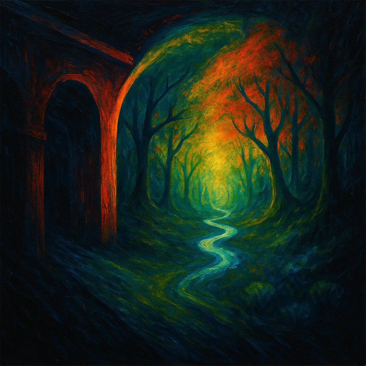 🌌 After the viaduct, the adventure began - where silence turned into whispers of the forest, and imagination lit the dark.

New abstract NFT artwork (50x50 cm, 300 dpi) now live ✦
🔗 objkt.com/tokens/KT1Anha…
#NFTart #objkt #Tezos #abstractart