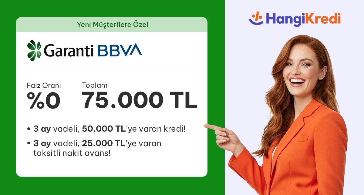 Garanti BBVA'ya yeni müşteri olarak toplamda 75.000 TL fırsatına başvurabilirsiniz, detayları HangiKredi uygulamasında gördüm. %0 faizli 3 ay vadeli 25.000 TL'ye varan taksitli nakit avans ve faizsiz 3 ay vadeli 50.000 TL'ye varan kredi mevcut. Detayları HangiKredi uygulamasına