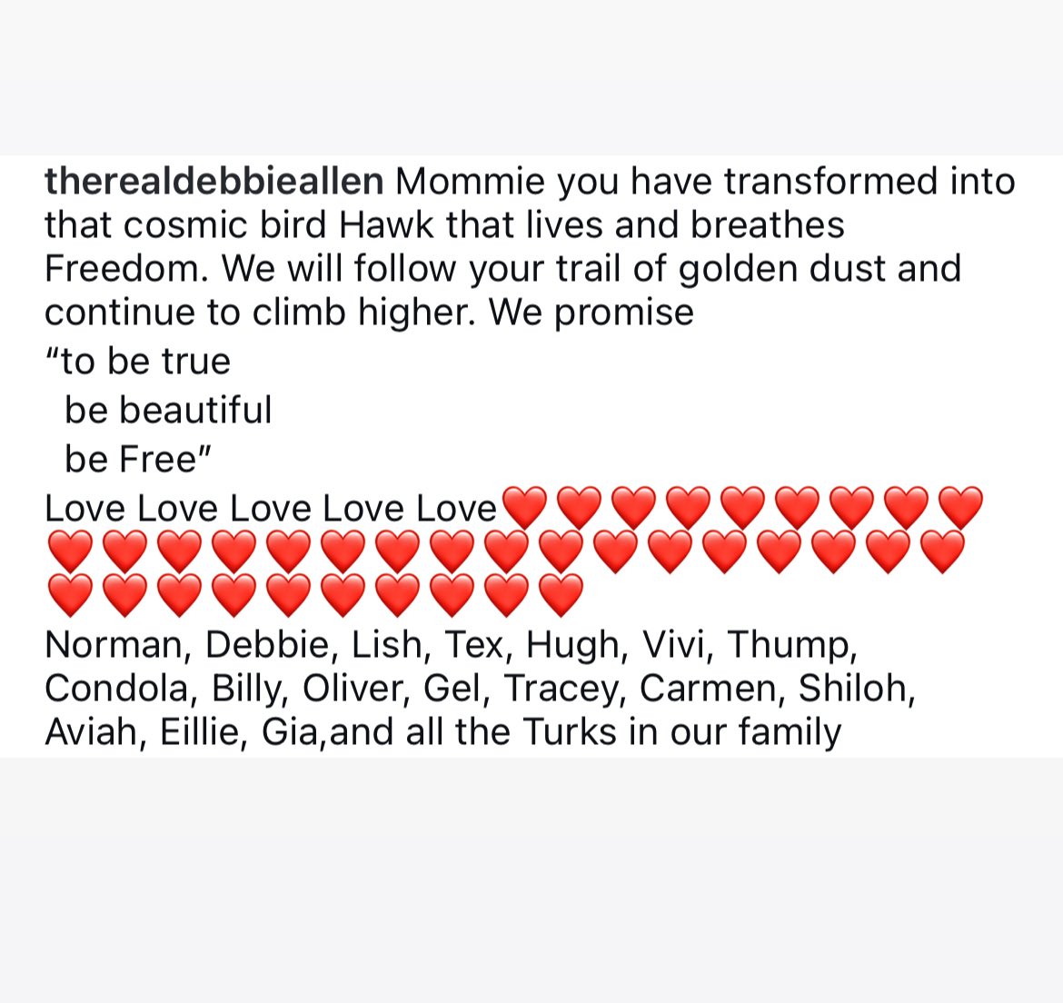 Debbie Allen shared a loving note about her mother, Vivian Ayers, who has died at 102. 

“We will follow your trail of golden dust and continue to climb higher. We promise to ‘be true, be beautiful, be free.’”