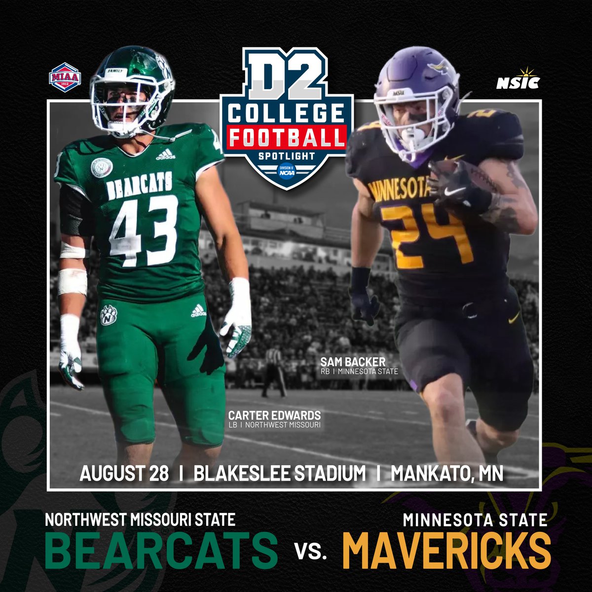 D2 College Football Spotlight (@d2fbspotlight) on Twitter photo One week from today. Division II football is back.
Big games across the country.
And in Mankato, it’s <a href="/NWBearcat_FB/">Northwest Football</a> vs <a href="/MinnStFootball/">Minnesota State Football</a> under the lights at Blakeslee Stadium.
See you there, Bearcat and Maverick fans.
#D2Football #MIAA #NSIC One week from today. Division II football is back.
Big games across the country.
And in Mankato, it’s <a href="/NWBearcat_FB/">Northwest Football</a> vs <a href="/MinnStFootball/">Minnesota State Football</a> under the lights at Blakeslee Stadium.
See you there, Bearcat and Maverick fans.
#D2Football #MIAA #NSIC