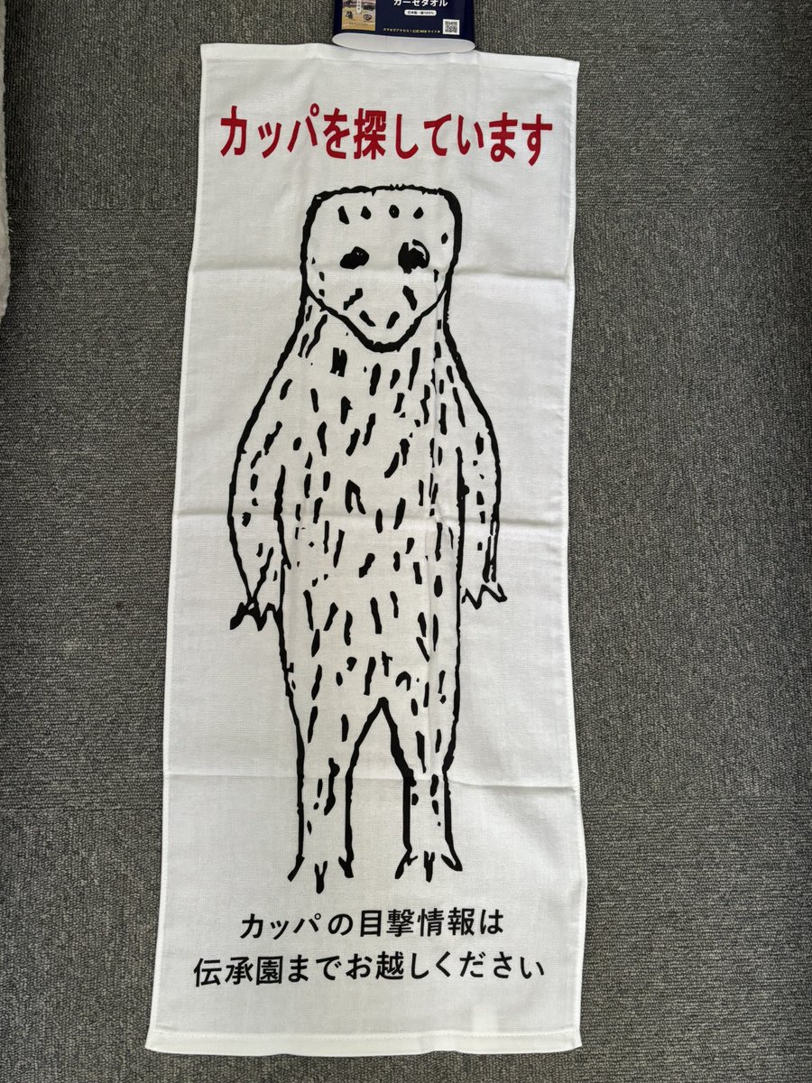 伝承館でのカッパ推しに当てられてお土産にカッパタオルを買ってしまった。体長60センチ。昭和50年に目撃されたという新聞ネタになった。