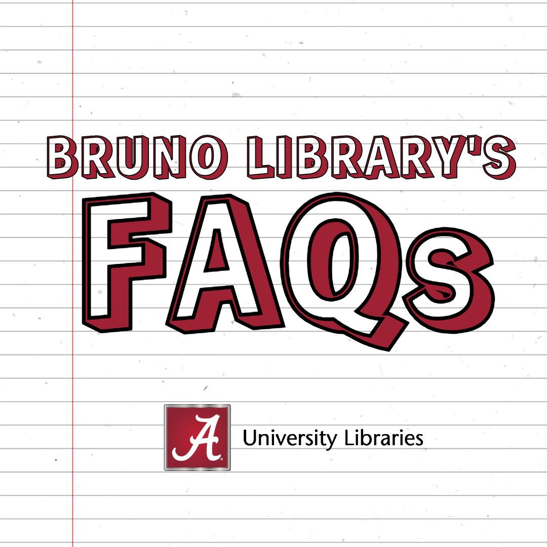 BrunoLibrary's tweet image. Have a question about the library? We can help!   

This thread features some of the most common questions about Bruno Library.   

For more thorough answers:   

Chat with us: ask.lib.ua.edu 

View our procedures: lib.ua.edu/about/librarie…