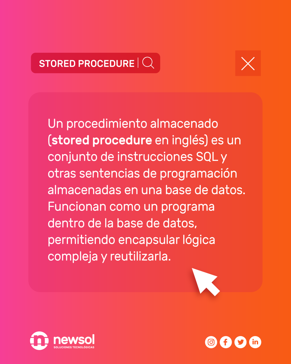 NewSolGroup's tweet image. Hoy conocemos un término muy asociado a las bases de datos. Seguramente no lo conozcas, pero si trabajas con algún sistema ERP o CRM, deberías conocerlo y seguramente te encuentres con él. #DiccionarioIT #StoreProcedure #Tecnología #BaseDeDatos #SQL #Postgres #Oracle #IBMDB2