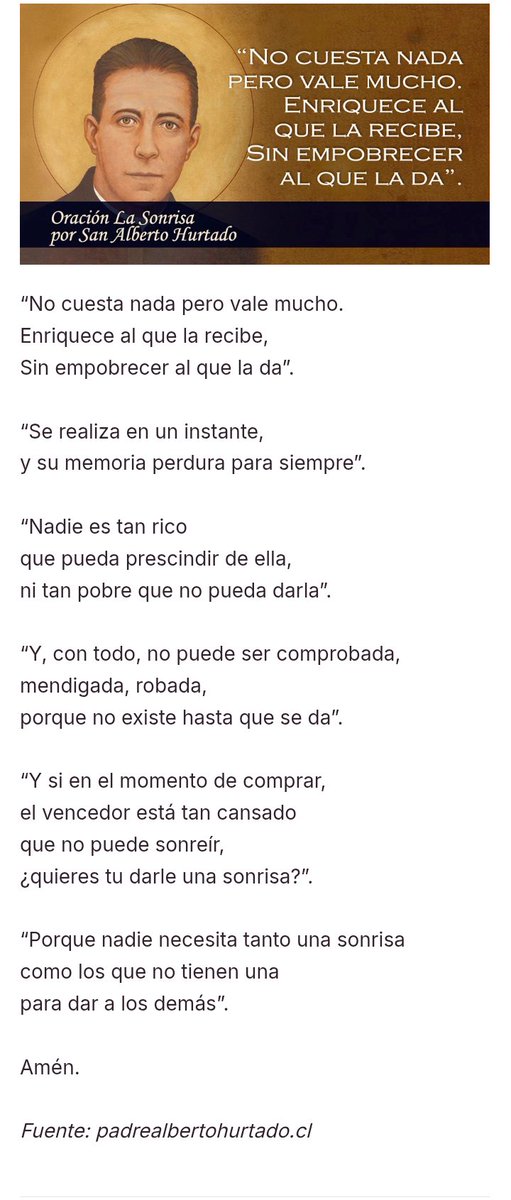 LilianaSnchez9's tweet photo. #21deAgosto
Oración #LaSonrisa
Del Padre Alberto Hurtado https://t.co/ff7zyrg4mC