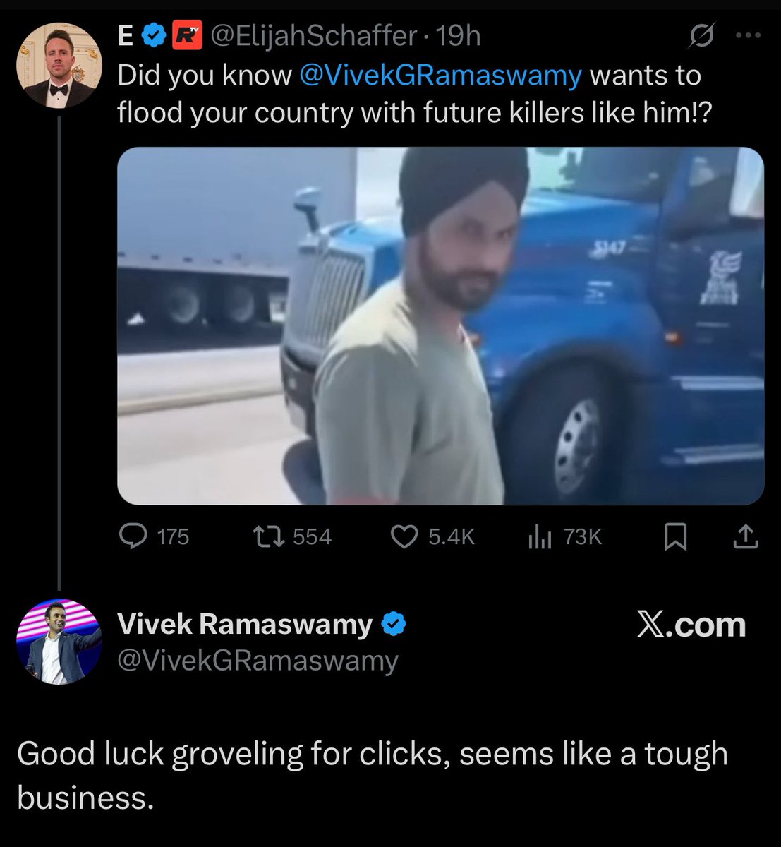 E (@elijahschaffer) on Twitter photo Funny how <a href="/VivekGRamaswamy/">Vivek Ramaswamy</a> didn’t even deny the accusation
H1B promoting SCAMMER just like the people he wants to let flood our country Funny how <a href="/VivekGRamaswamy/">Vivek Ramaswamy</a> didn’t even deny the accusation
H1B promoting SCAMMER just like the people he wants to let flood our country