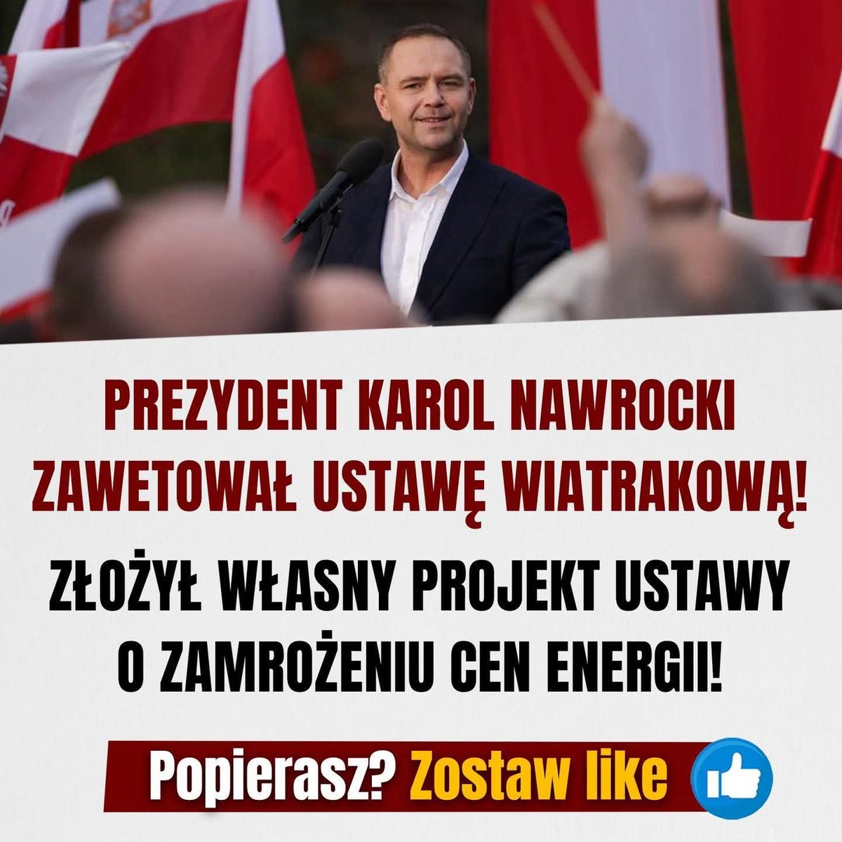 lenaris1969's tweet photo. @adamSzlapka Karol Nawrocki zawetował DODATEK DO USTAWY WIATRAKOWEJ, która pozwoliłaby na stawianie wiatraków prawie przed domami i złożył własną inicjatywę prawodawczą do parlamentu o  ZAMROŻENIU CEN ENERGII nie zmieniając nawet przecinka w treści dot. zamrożenia cen energii.
Stop #FakeNews https://t.co/PicbRx6GSx