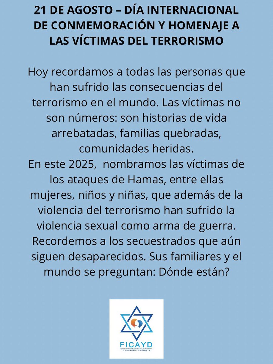 En 2025,  nombramos las víctimas de los ataques de Hamas, entre ellas mujeres, niños y niñas, que además de la violencia del terrorismo han sufrido la violencia sexual como arma de guerra. Recordemos a los secuestrados que aún siguen desaparecidos.