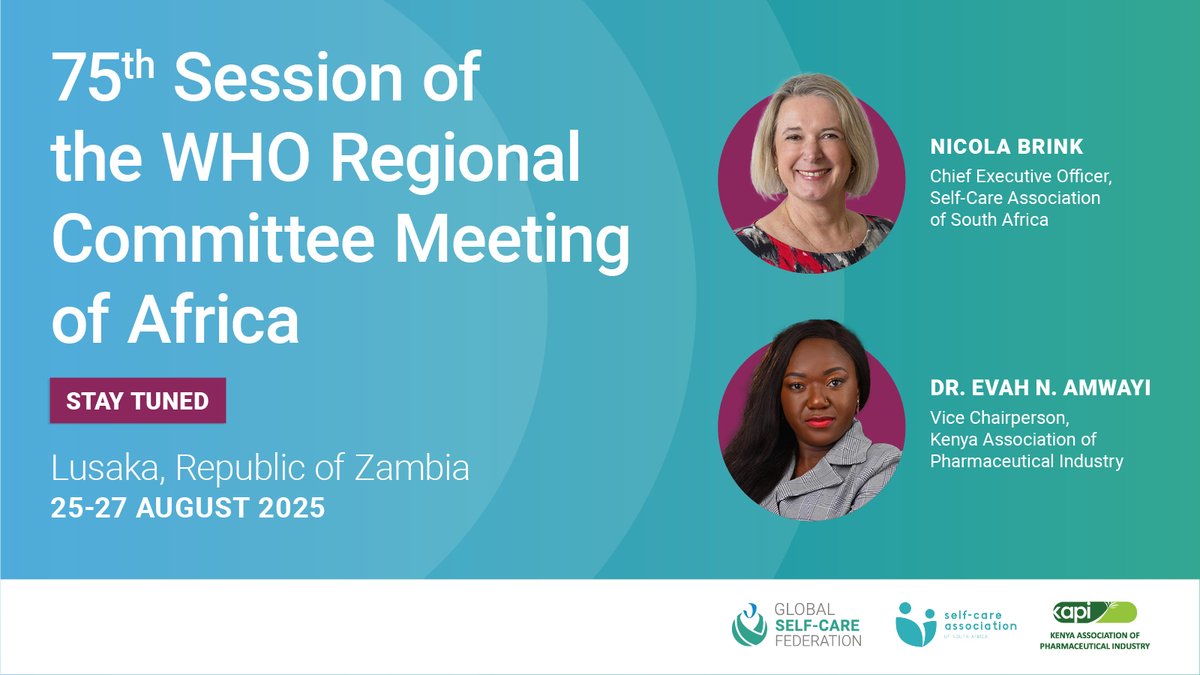 The Global Self-Care Federation (@selfcarefed_org) on Twitter photo 🌍 The 75th session of the <a href="/WHOAFRO/">WHO African Region</a> Regional Committee for Africa will be held in Lusaka, Zambia on 25 - 27 August 2025.
Together with <a href="/KapiKenya/">KAPI KENYA</a> and Self-Care Association of South Africa we will be contributing a statement on “Advancing the Regional Framework for #NCD 🌍 The 75th session of the <a href="/WHOAFRO/">WHO African Region</a> Regional Committee for Africa will be held in Lusaka, Zambia on 25 - 27 August 2025.
Together with <a href="/KapiKenya/">KAPI KENYA</a> and Self-Care Association of South Africa we will be contributing a statement on “Advancing the Regional Framework for #NCD