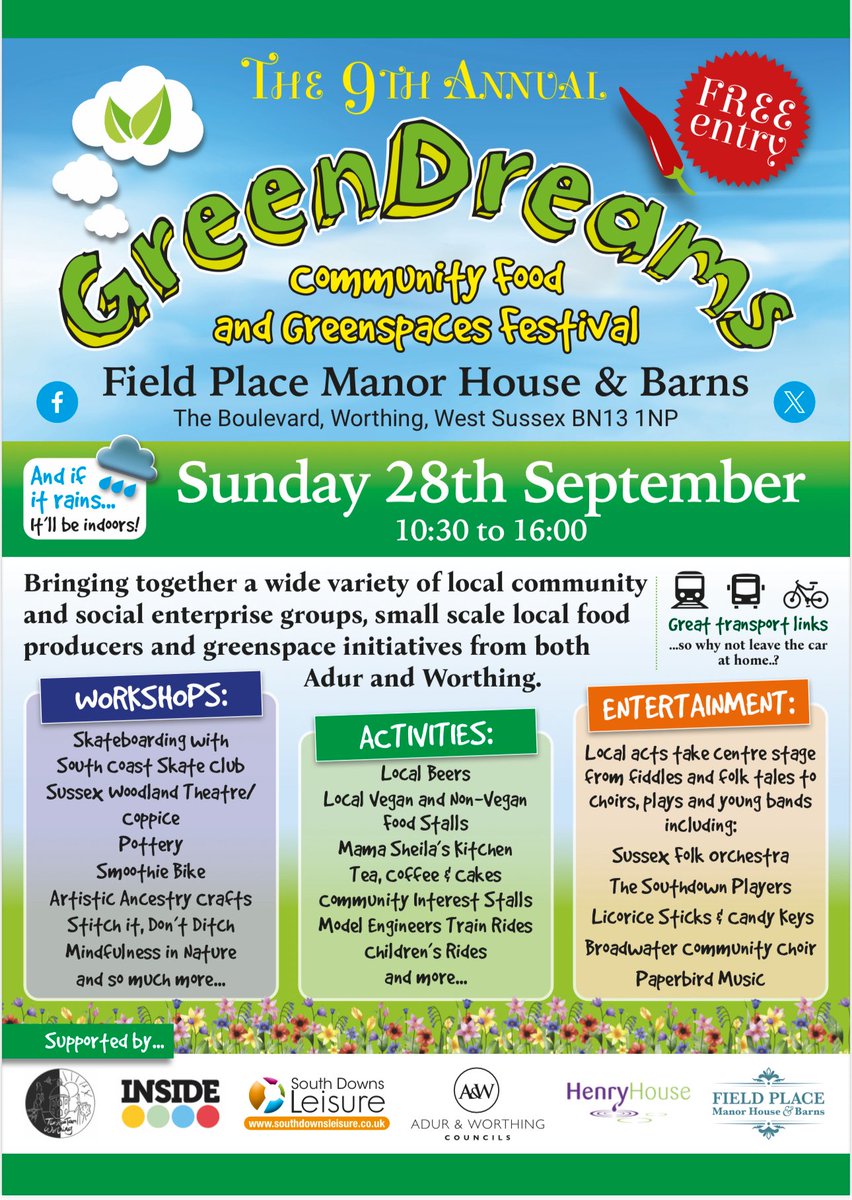 GreenDreams Festival (@greendreamsfest) on Twitter photo 🌱✨ GreenDreams Festival 2025 ✨🌱
Join us again to celebrate community, sustainability & local creativity!
📅 Sunday 28 Sept 2025
📍 Field Place Manor House & Barns
Live music • Eco stalls • Local food • Family fun 💚
#GreenDreamsFestival #WorthingEvents #Sustainability 🌱✨ GreenDreams Festival 2025 ✨🌱
Join us again to celebrate community, sustainability & local creativity!
📅 Sunday 28 Sept 2025
📍 Field Place Manor House & Barns
Live music • Eco stalls • Local food • Family fun 💚
#GreenDreamsFestival #WorthingEvents #Sustainability