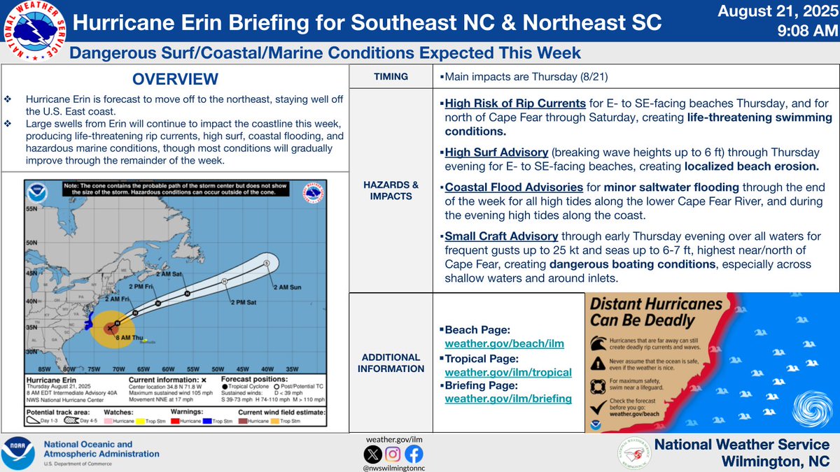 Thursday August 21, 9am - Here is our final briefing on Hurricane Erin's impacts to the local area this week.