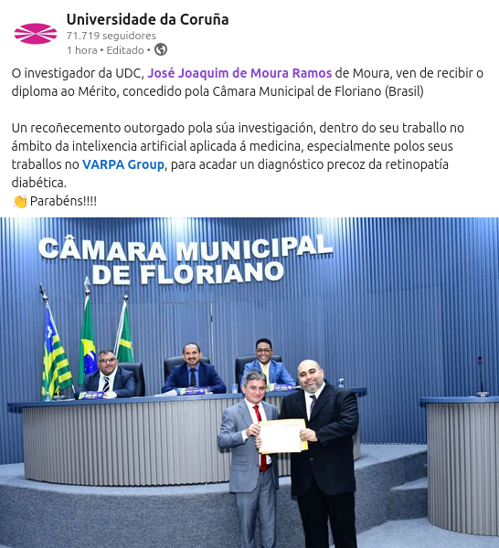 Honrado de recibir la máxima distinción otorgada por la Câmara Municipal de Floriano 🇧🇷.

Un reconocimiento que comparto con todo el <a href="/VarpaGroup/">VARPA Group</a>, reflejo de nuestra ilusión y esfuerzo por seguir avanzando en la investigación en IA con impacto social.
