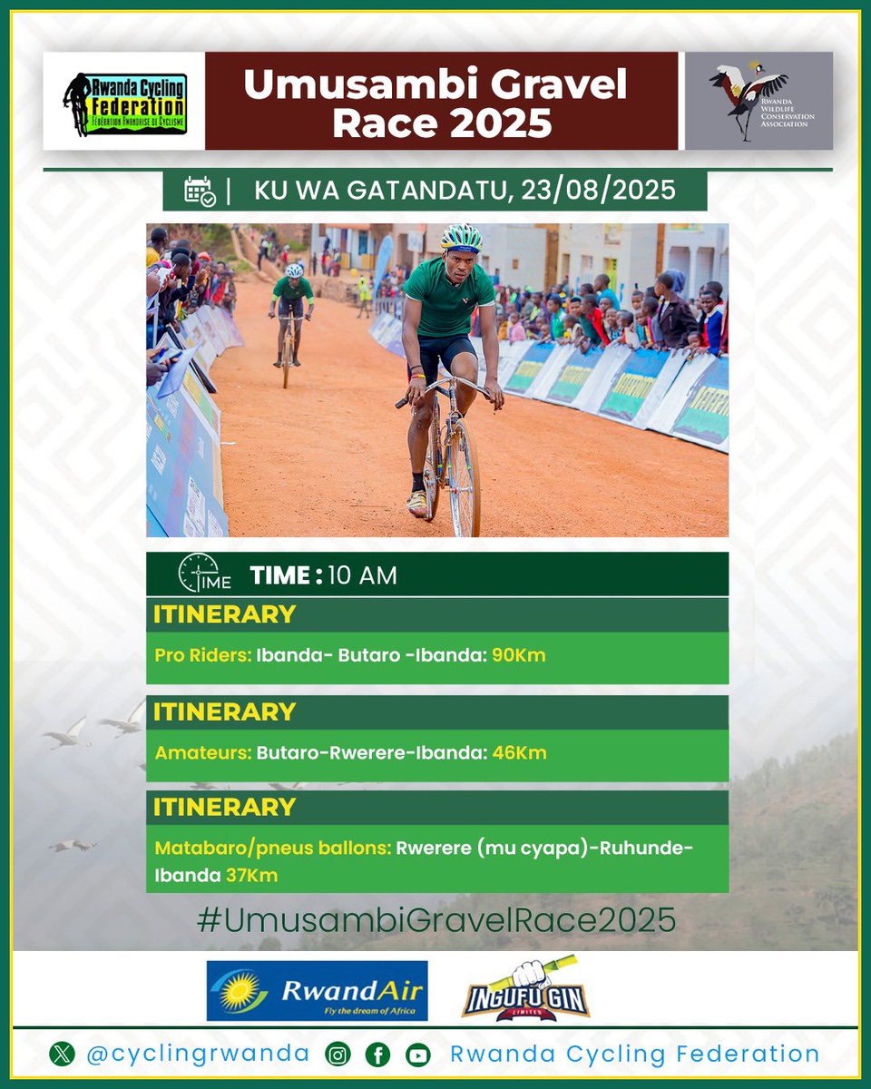 Olivier Ba (@olivierbie) on Twitter photo #KINYAMUPIRA
Kuri uyu wa 5 no kuwa 6, harakinwa isiganwa rya #UmusambiGravelRace2025 ku nshuro ya 3. Ni isiganwa ritegurwa na <a href="/cyclingrwanda/">𝙁𝙀𝙍𝙒𝘼𝘾𝙔</a> kubufatanye na <a href="/RwandaWildlife/">Rwanda Wildlife Conservation Association</a> .
Iri siganwa rinyura mu mirenge 8 ya Burera na Gicumbi, imirenge izengurutse igishanga cy’u Rugezi. #KINYAMUPIRA
Kuri uyu wa 5 no kuwa 6, harakinwa isiganwa rya #UmusambiGravelRace2025 ku nshuro ya 3. Ni isiganwa ritegurwa na <a href="/cyclingrwanda/">𝙁𝙀𝙍𝙒𝘼𝘾𝙔</a> kubufatanye na <a href="/RwandaWildlife/">Rwanda Wildlife Conservation Association</a> .
Iri siganwa rinyura mu mirenge 8 ya Burera na Gicumbi, imirenge izengurutse igishanga cy’u Rugezi.
