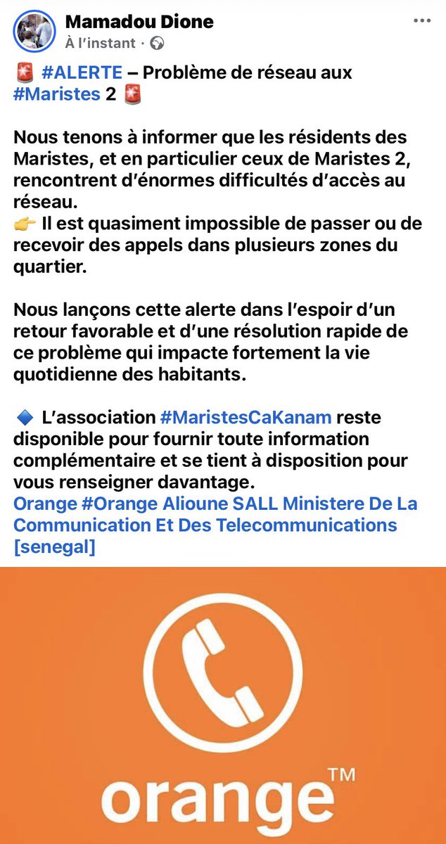 Momo_Buzzlab's tweet photo. 🚨 #ALERTE Nous tenons à informer que les résidents des Maristes, et en particulier ceux de Maristes 2, rencontrent d’énormes difficultés d’accès au réseau.

#Orange @orange_sn @orange https://t.co/5LN3lYuBp8