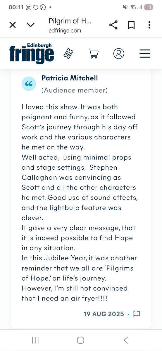 AGAPGlasgow's tweet photo. Audience reviews for Pilgrim of Hope, written and performed by Stephen Callaghan for AGAP Theatre. 7.30pm until Sunday at Venue 6. Book now! https://t.co/mtF5Pu2whL
#DareToDiscover @edfringe @Cvenues @TheScotsman @edfringe_review @derekawards1 @broadwaybaby @scotsman_arts https://t.co/ZyLmVuzzFz