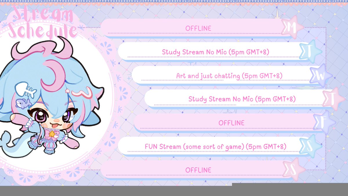 Finnkiyo's tweet photo. My hopefully permanent stream schedule!! lots of chill study/art sessions but im planning to add some fun extensions to them so that all you lovelies can chill with me 💖💖💖 so excited to share this new chapter of my uni life with you all ╰(*´︶`*)╯♡

🎨: @/uxuu_exe https://t.co/YAr6w6xXIn