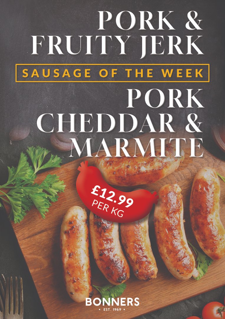 Something fruity and something Marmitey for your SOTW flavours this week.

PORK &amp; FRUITY JERK - £12.99 per kg.
PORK, CHEDDAR &amp; MARMITE - £12.99 per kg.

#bonnersofilminster #bonnersthebutchers #butchershop #supportlocal #ilminster #shoplocal #sausageoftheweek #sotw