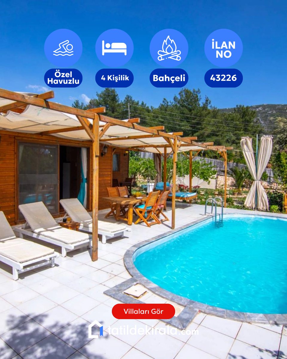 🌿 Kaş İslamlar’da Doğayla İç İçe, Ahşap Villada Huzurlu Bir Kaçamak!

Şehrin karmaşasından uzak, doğanın kalbinde eşsiz bir tatil seni bekliyor… Ahşap tasarımıyla sıcak bir atmosfer sunan bu villa, 4 kişilik kapasitesi, özel havuzu ve yemyeşil bahçesiyle küçük aileler ve balayı