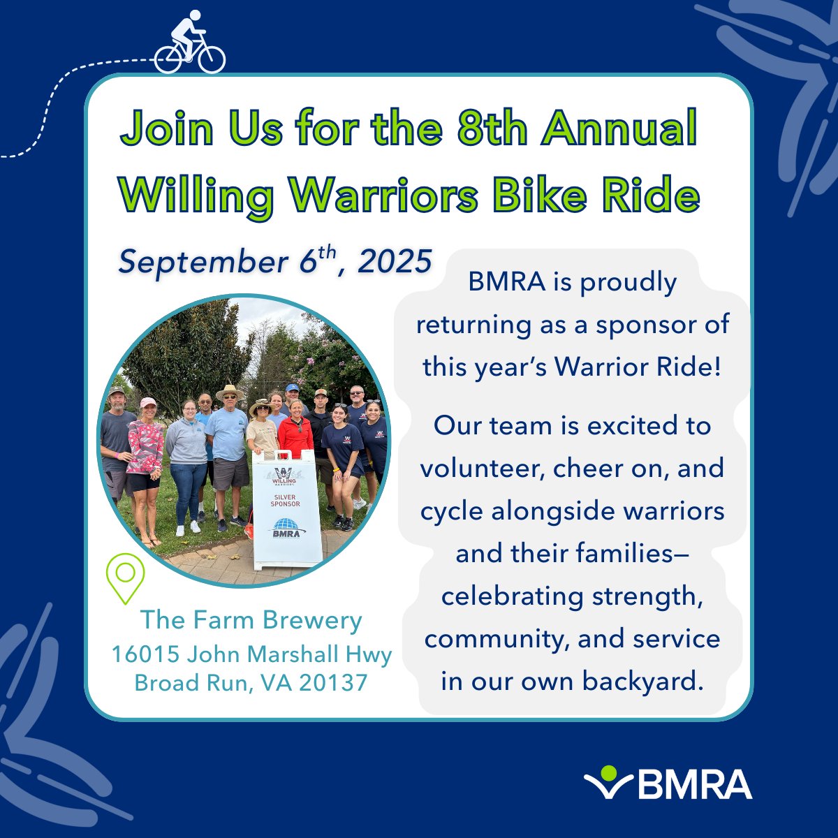 🚴‍♀️ Join Us for the 8th Annual Willing Warriors Bike Ride this Saturday, September 6th, 2025! 
📍 The Farm Brewery
16015 John Marshall Hwy, Broad Run, VA 20137
willingwarriors.org/bikeride
BMRA is proud to return as a sponsor!
#WillingWarriors #BMRA #WarriorRide